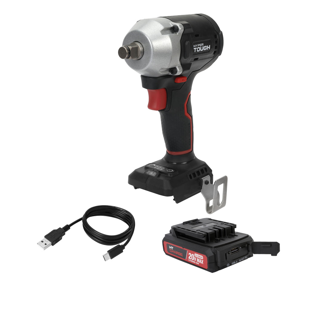 Open Box Hyper Tough 20V Brushless 1/2-inch Impact Wrench, Battery & Charging Cable