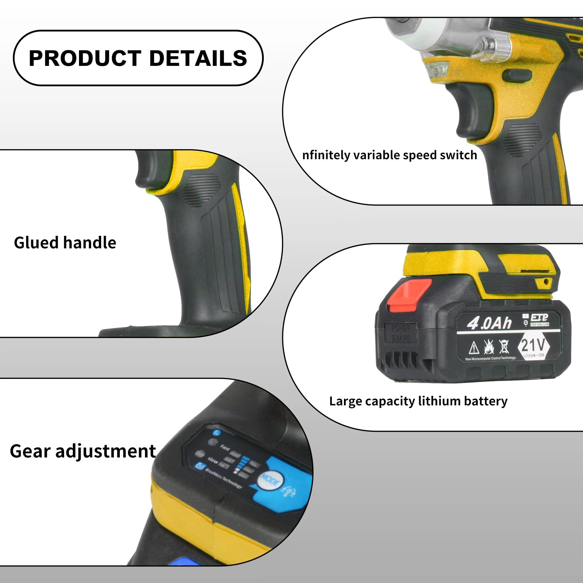 VQJTCVLY  Brushless impact driver, 21V Cordless impact wrench 1/2 Inch, 2 × 4.0Ah impact drill tool set, 5 Sockets, 7 Drill, 6 Screws for Car Home Truck Mower Father Dad Husband, Yellow
