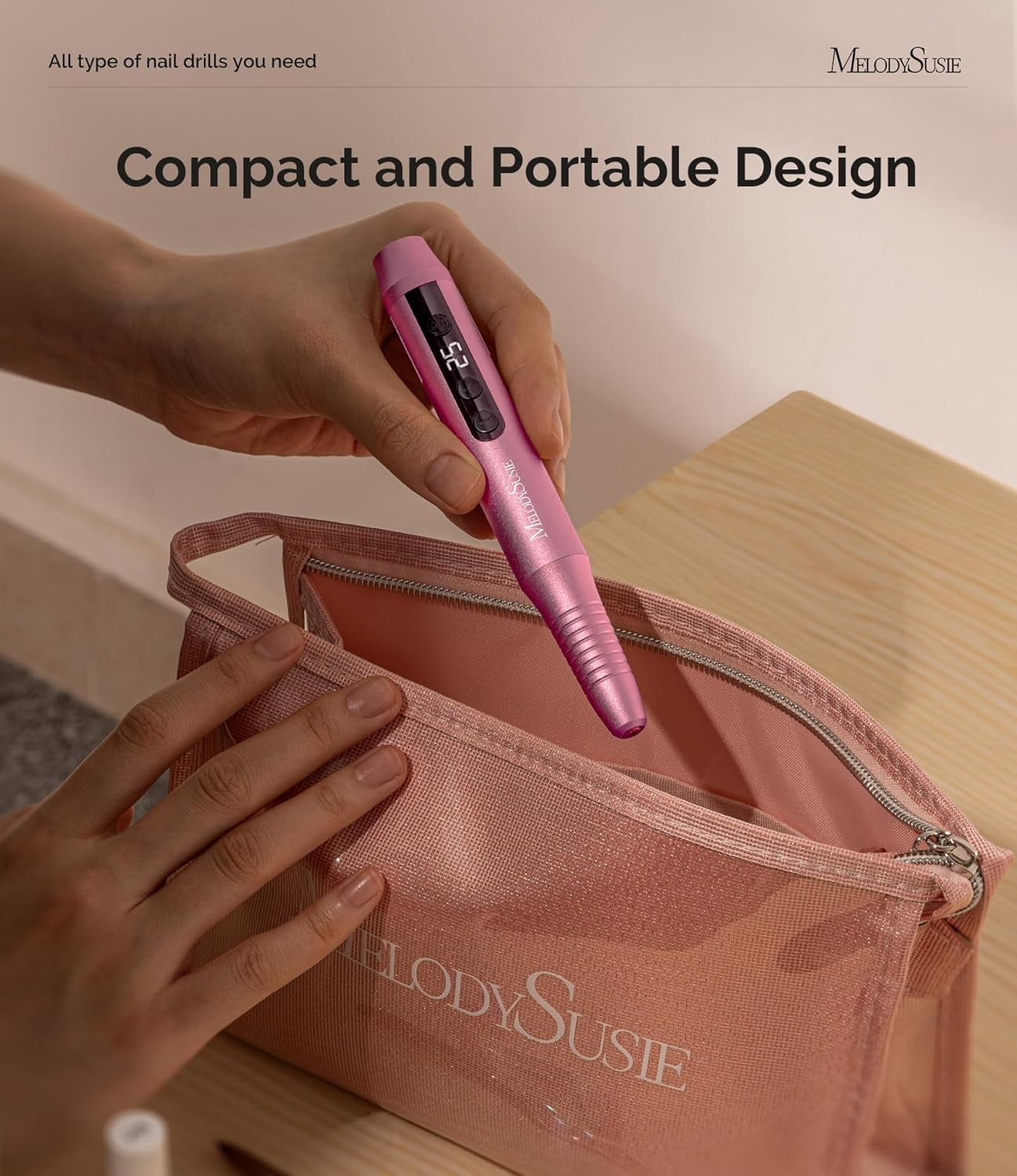 MelodySusie Cordless Portable Nail Drill, 25,000 RPM PC180G Rechargeable Nail E-file Kit, with Drill Bits & Sanding Bands, Pink