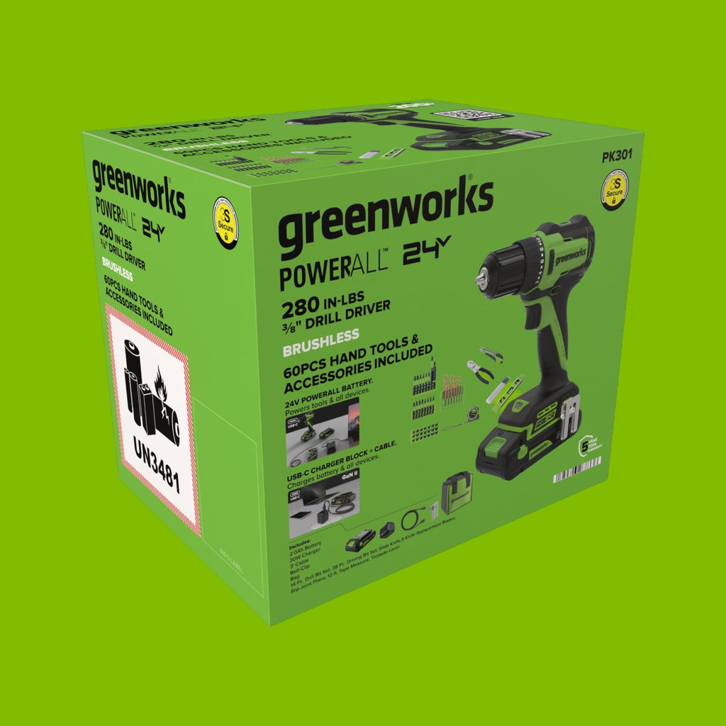Greenworks PowerAll 24V Brushless 3/8 Drill Driver with 2Ah Battery and Hand Tools, PK301A1