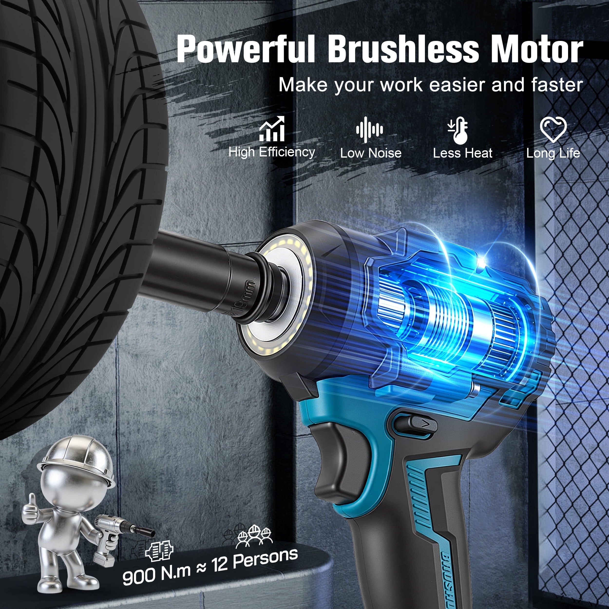 RELOIVE Cordless Impact Wrench Kit,663.8 FT-lbs(900N.m) Max Torque,1/2 Heavy-Duty Brushless Motor,4-IN-1 Electric Impact Driver,2 x 4.0Ah Batteries for Car Home Repair