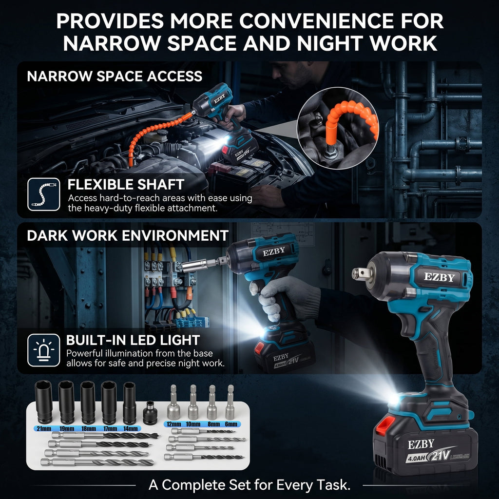 EZBY Cordless Impact Wrench Kit, 664 FT-lbs(900N.m) Max Torque, 1/2 Heavy-Duty Brushless Motor, 21V Electric Impact Gun & Driver Tool Set with 2x 4.0Ah Batteries for Car Home Repair