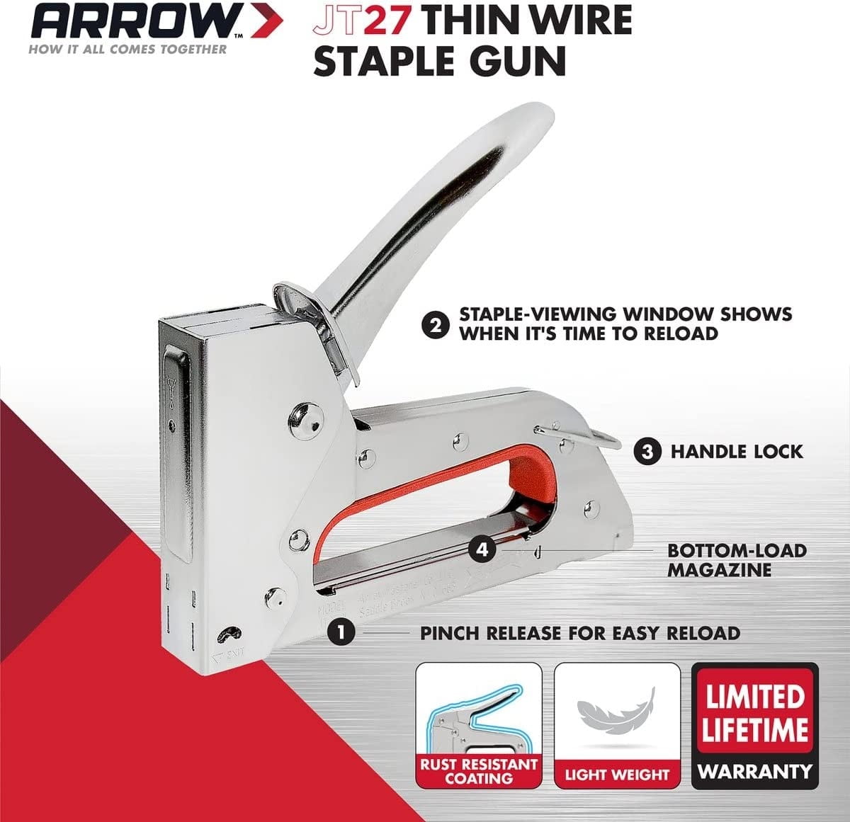 Arrow JT27 Light-Duty Chrome Finish Manual Staple Gun with Bottom Load and Handle Lock