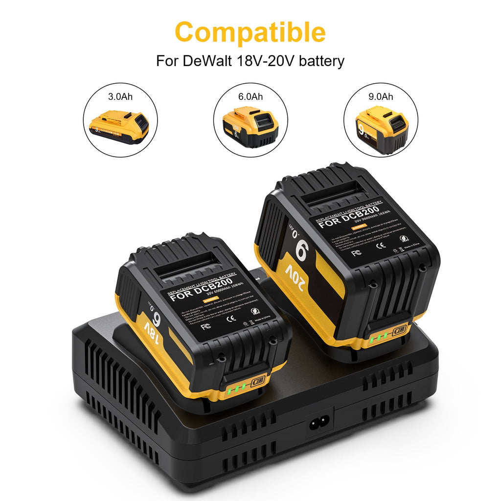 2 Pack 20v/60v 9Ah DCB606-2 DCB609-2 Battery for Dewalt 20v 60v Max 9Ah DCB609 6Ah DCB606 Flexvolt Battery 20V Max XR 8Ah DCB208-2 6Ah DCB206-2 5Ah DCB205-2 4Ah  Lithium-ion Battery with 1 Charger