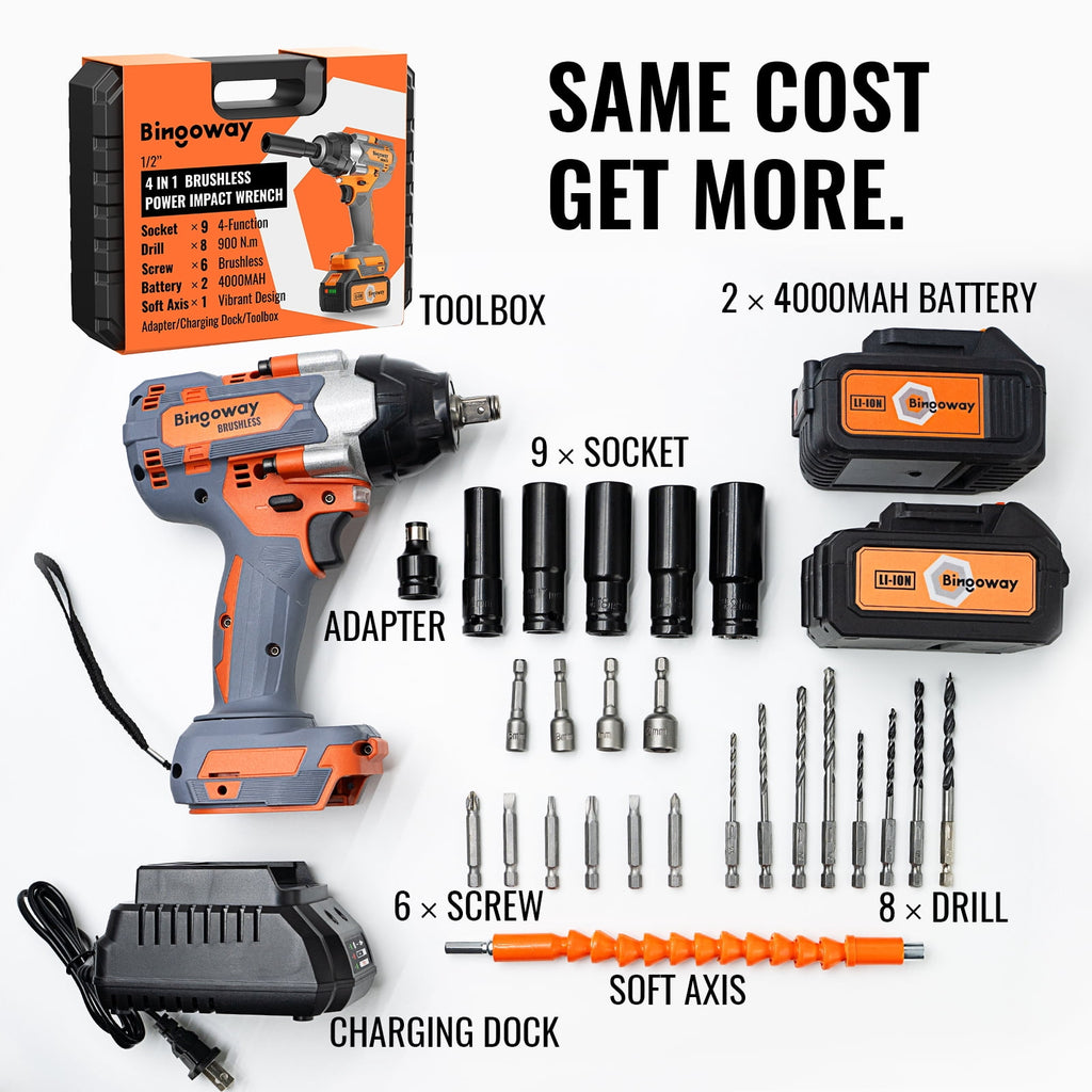 900N.m Brushless Impact Wrench, 21V Cordless Electric Impact Gun 1/2 Inch, High Torque Impact Driver, 2 × 4.0Ah Impact Dril Tool Set, 5 Sockets,8 Drill,10 Screws, Variable for Car Truck Mower Repair