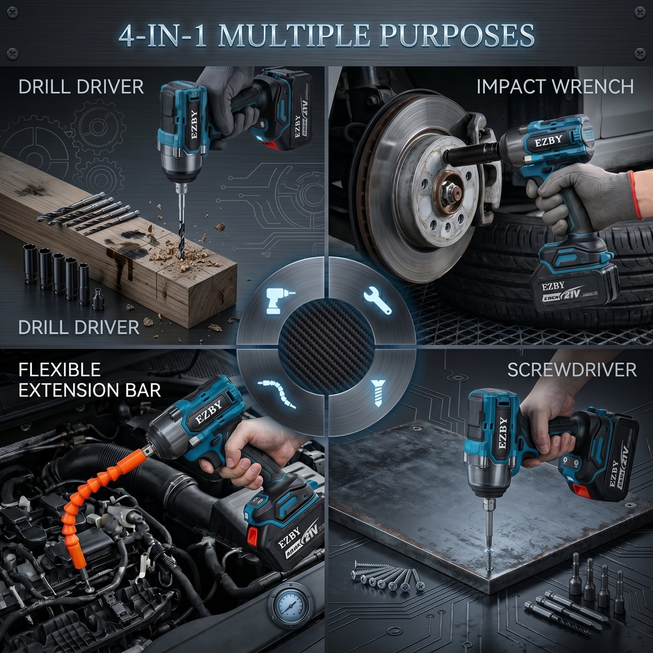 EZBY Cordless Impact Wrench Kit, 664 FT-lbs(900N.m) Max Torque, 1/2 Heavy-Duty Brushless Motor, 21V Electric Impact Gun & Driver Tool Set with 2x 4.0Ah Batteries for Car Home Repair