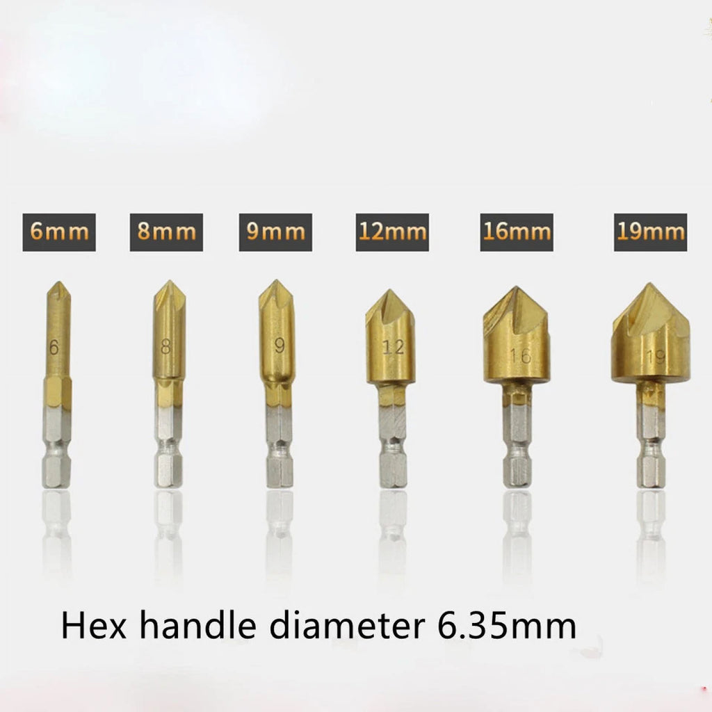6X Countersink Tool Bit Set 1/4'' Hex Shank Counter Sink For Steel Metal Wood H
