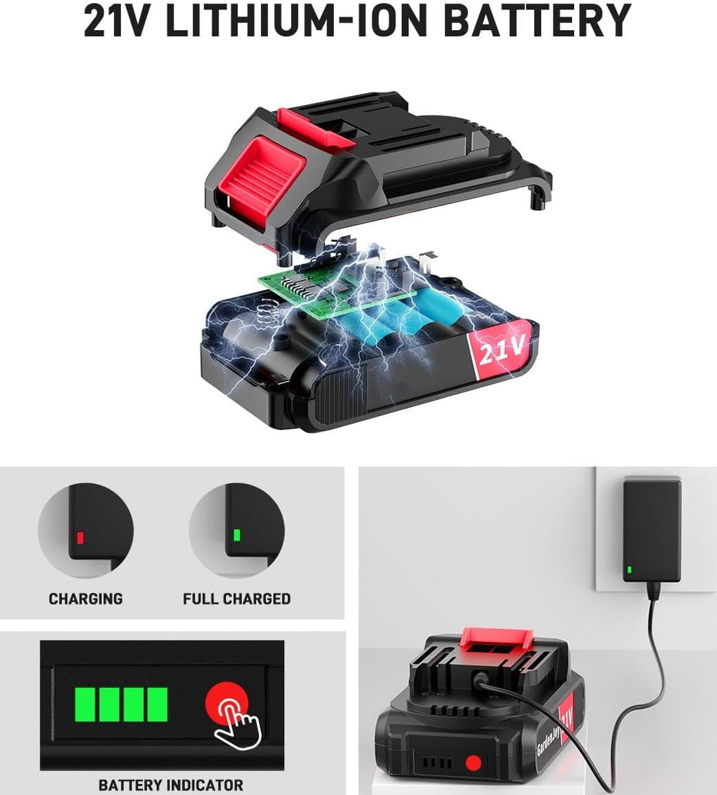 21V Cordless Drill Set,Electric Power Drill 34Pcs with 3/8 Inch Keyless Chuck, 25+3 Clutch Compact Driver Drill with Work Light, Max torque 45Nm, 2-Variable Speed & Battery and Fast Charger