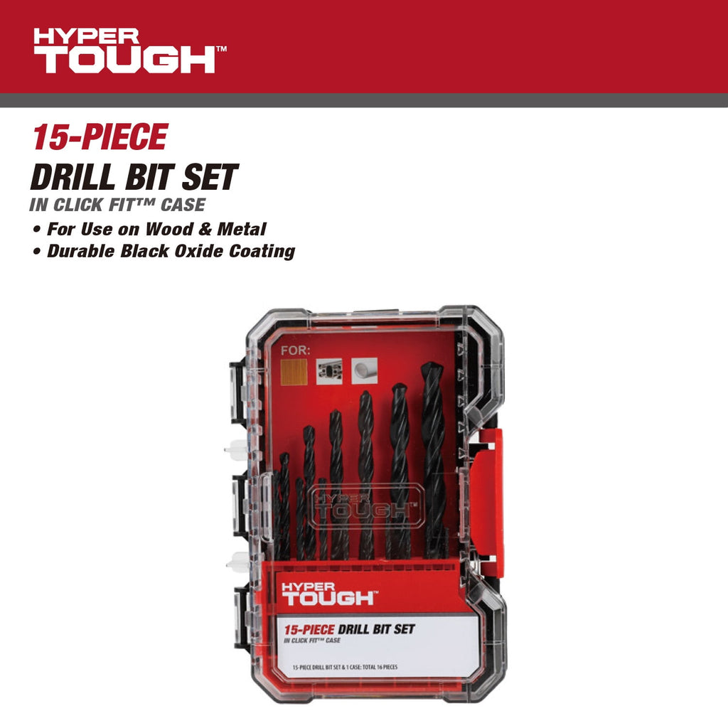 Hyper Tough 15-Piece Black Oxide Drill Bit Set in Click Fit Case