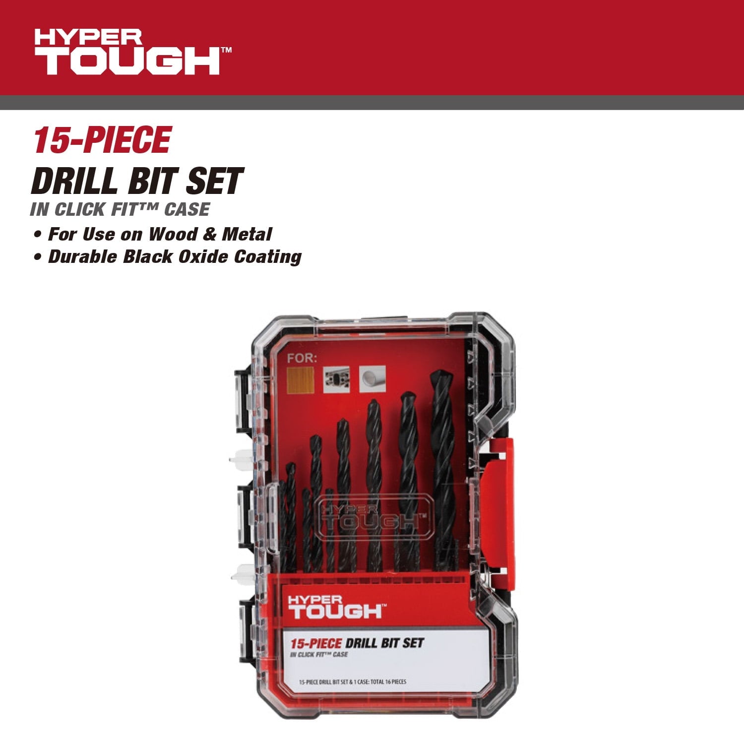 Hyper Tough 15-Piece Black Oxide Drill Bit Set in Click Fit Case