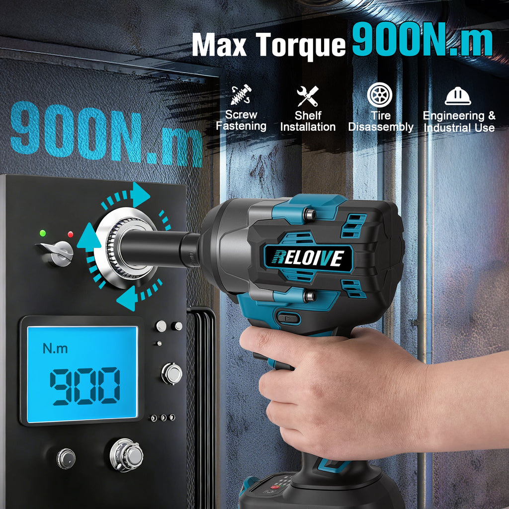 RELOIVE Cordless Impact Wrench Kit,663.8 FT-lbs(900N.m) Max Torque,1/2 Heavy-Duty Brushless Motor,4-IN-1 Electric Impact Driver,2 x 4.0Ah Batteries for Car Home Repair