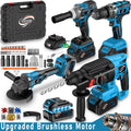 Brushless Cordless Power Tool Combo Kit, Industrial Grade Rotary Hammer Drill, Impact Wrench & Angle Grinder Set for Wall & Car Maintenance