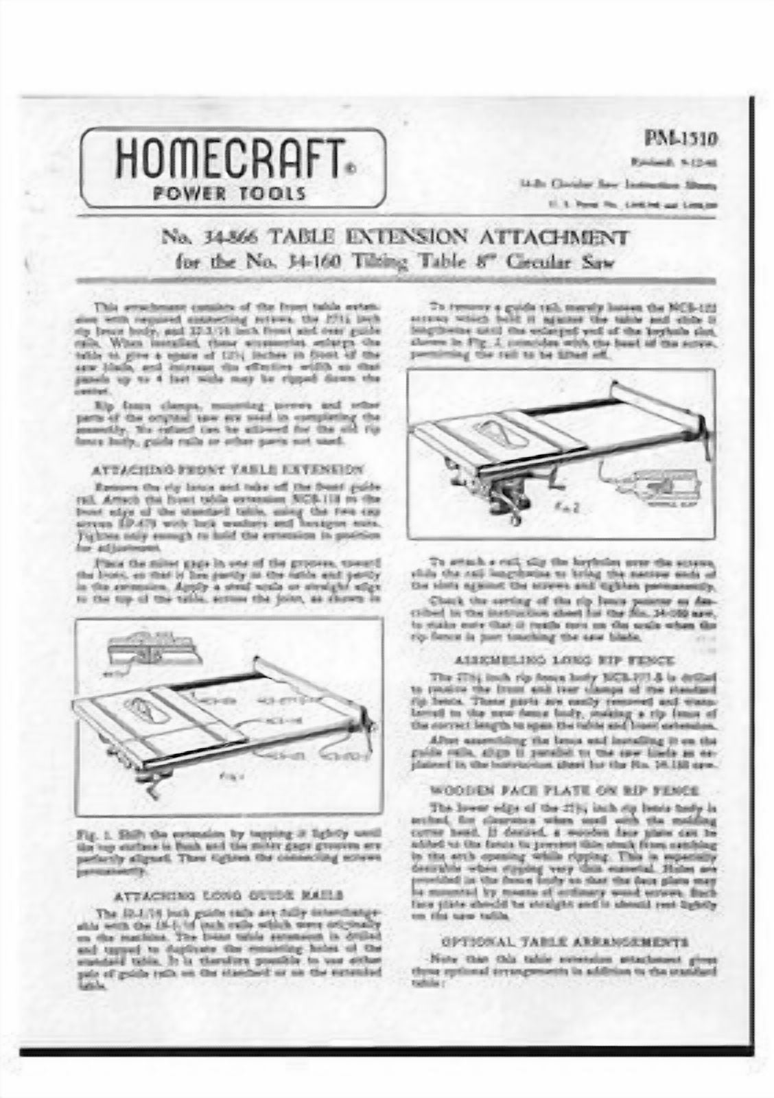 Instruction Manual ONLY for Delta Rockwell 34866 Table Extension Attachment 34160 Tilting Table 8 Saw REPRINT