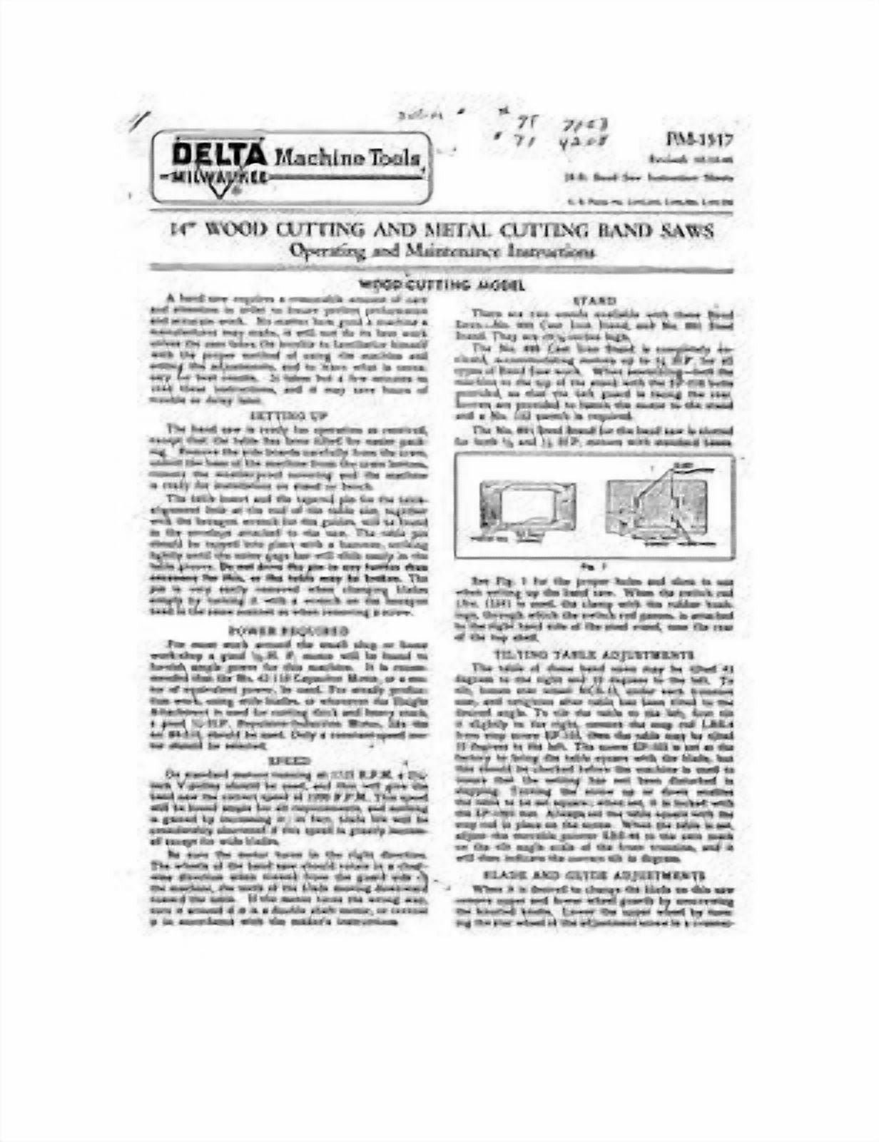 Instruction Manual ONLY for Delta Rockwell PM-1517 Milwaukee 14 Wood and Metal Cutting Band Saws REPRINT