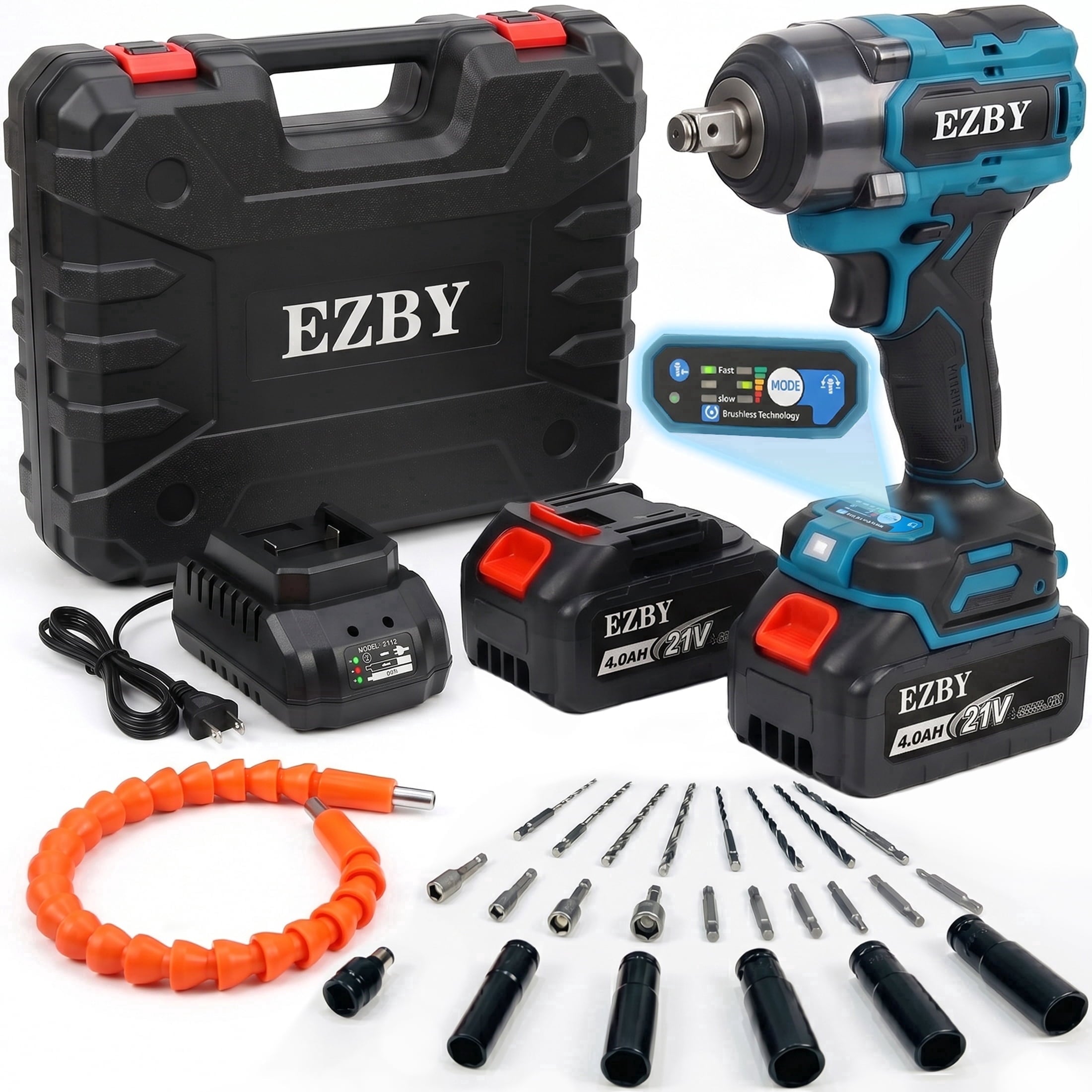EZBY Cordless Impact Wrench Kit, 664 FT-lbs(900N.m) Max Torque, 1/2 Heavy-Duty Brushless Motor, 21V Electric Impact Gun & Driver Tool Set with 2x 4.0Ah Batteries for Car Home Repair