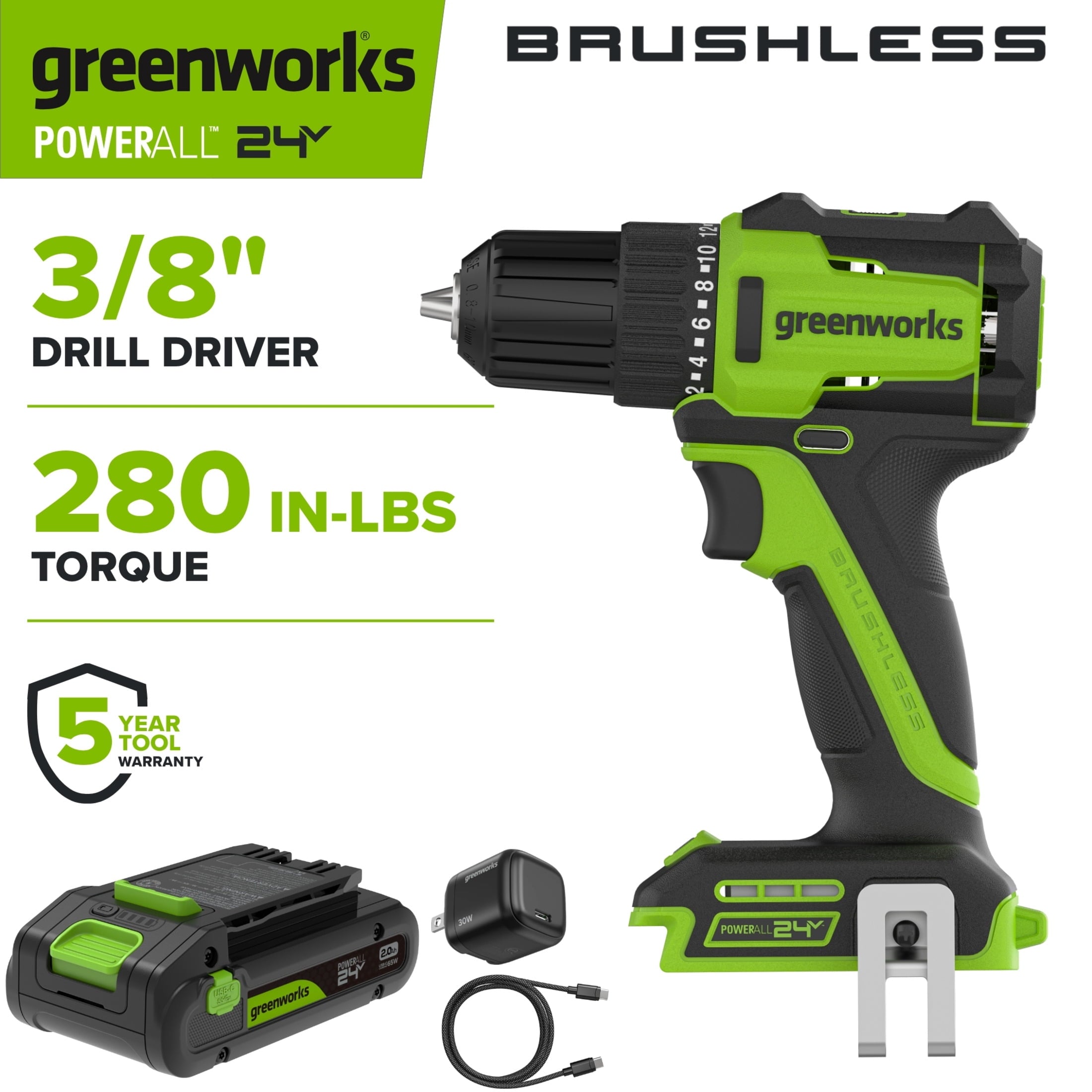 Greenworks PowerAll 24V Brushless 3/8 280 in-lb Drill with 2Ah USB-C Battery, 30W Charger and Cable, DD330A1