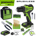 Greenworks PowerAll 24V Brushless 3/8 Drill Driver with 2Ah Battery and Hand Tools, PK301A1