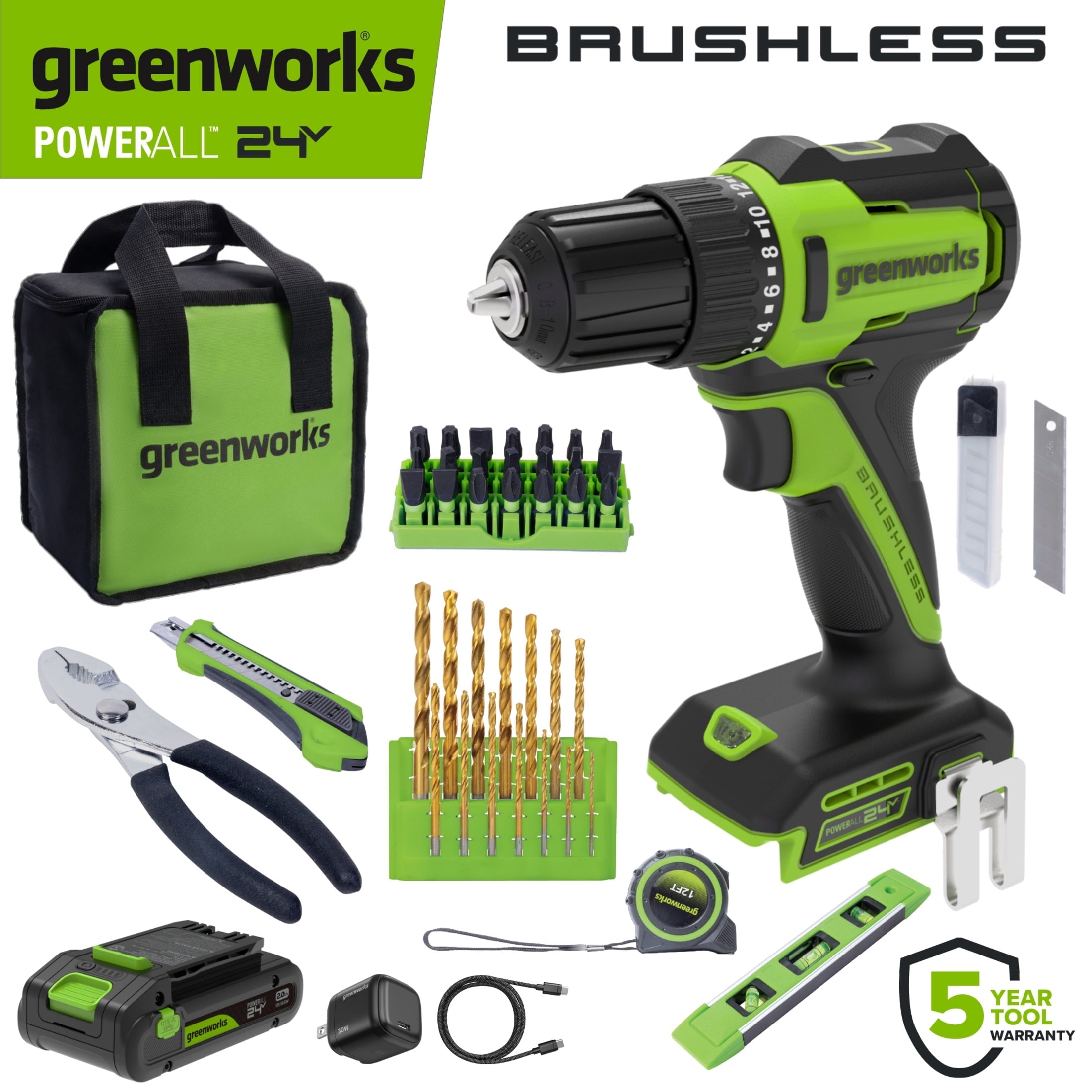 Greenworks PowerAll 24V Brushless 3/8 Drill Driver with 2Ah Battery and Hand Tools, PK301A1