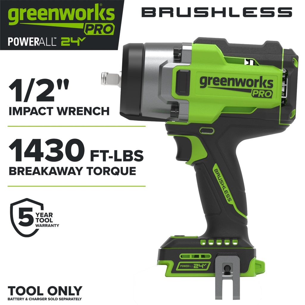 Greenworks Pro PowerAll 24V Brushless 1,430 ft-lb Breakaway Torque 1/2 Impact Wrench, Tool Only, IW51500A1