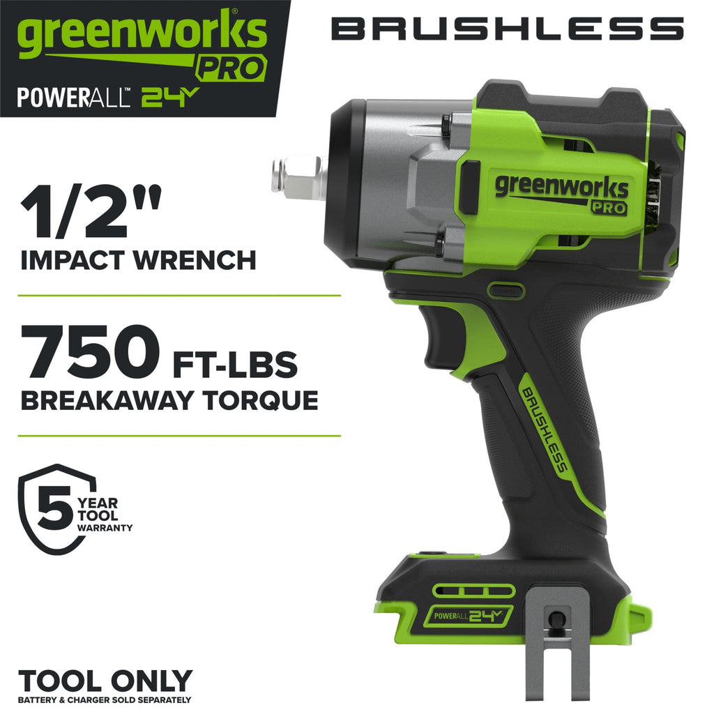 Greenworks Pro PowerAll 24V Brushless 1/2 750 lbs Breaking Impact Wrench, Tool Only, IW5800A3
