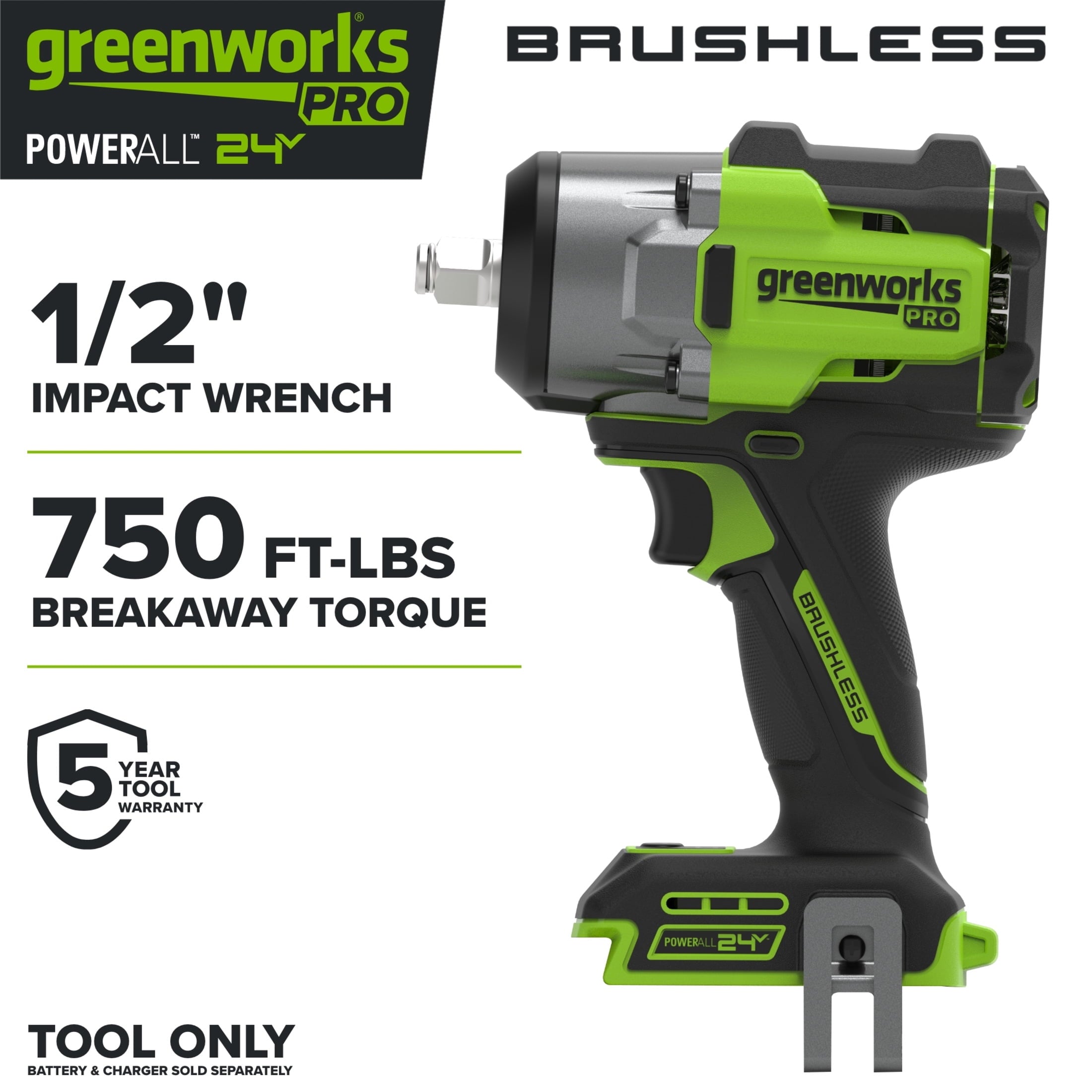 Greenworks Pro PowerAll 24V Brushless 1/2 750 lbs Breaking Impact Wrench, Tool Only, IW5800A3