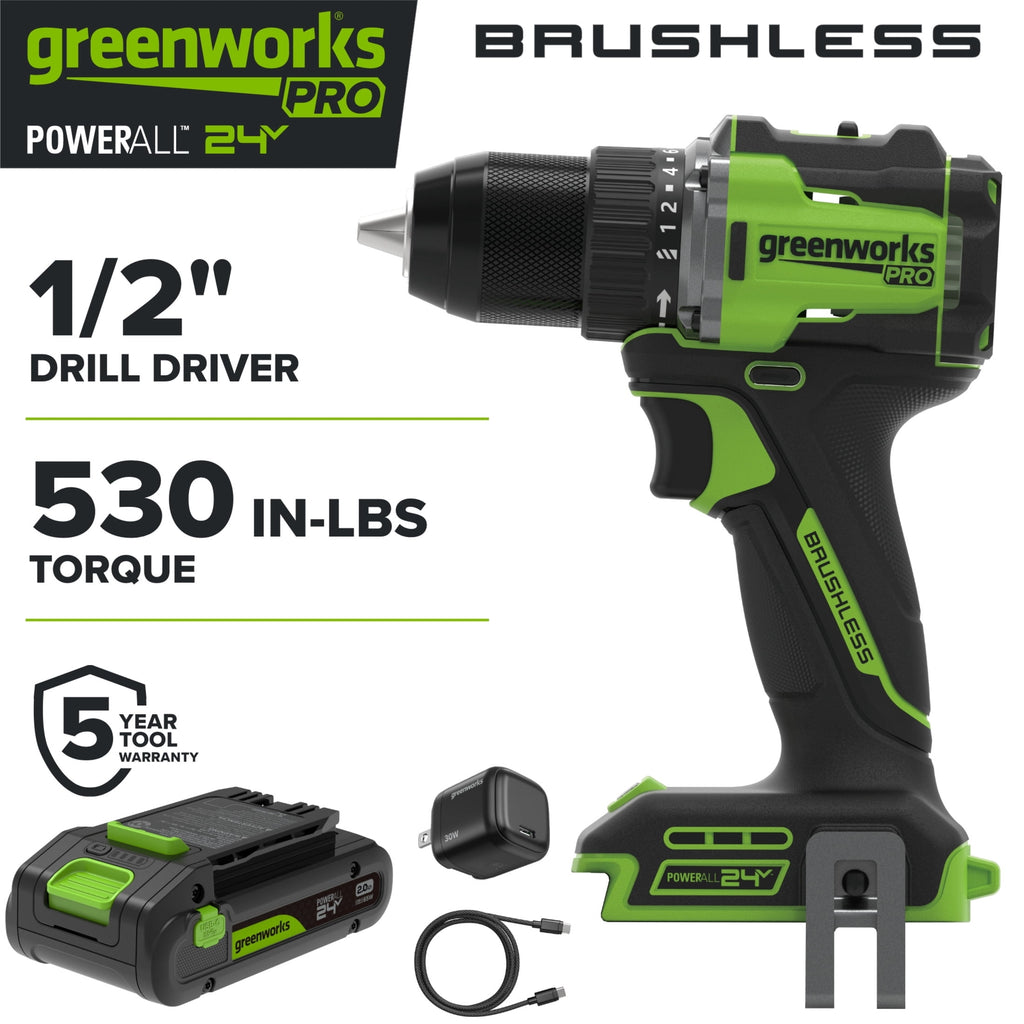 Greenworks Pro PowerAll 24V Brushless 1/2 530 in-lb Drill Driver, with 2.0 Ah USB-C Battery, 30W USB-C Charger Block, 3' 100W USB-C Cable, DD560A1