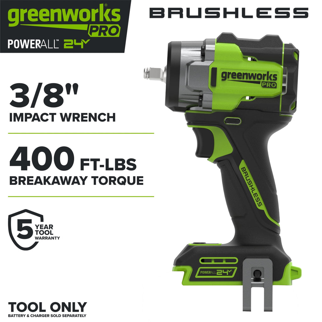 Greenworks Pro PowerAll 24V Brushless 400 ft-lb Breakaway Torque 3/8 Impact Wrench, Tool Only, IW5370A1