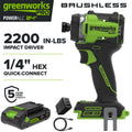 Greenworks Pro PowerAll 24V Brushless 2200 In-lb Impact Driver, 2Ah USB-C Battery, 65W Charger and Cable, ID5250A2
