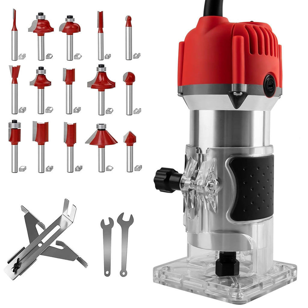 Gewna 800W Compact Wood Router with 1/4 Collet,30000 Rpm , Includes 15 Pcs Bits ,for Trimming, Grooving and Woodworking,Red