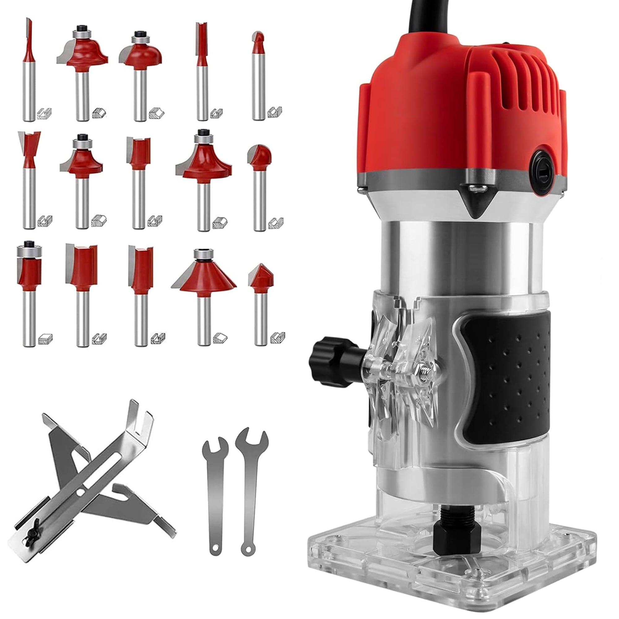 Gewna 800W Compact Wood Router with 1/4 Collet,30000 Rpm , Includes 15 Pcs Bits ,for Trimming, Grooving and Woodworking,Red