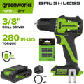 Greenworks PowerAll 24V Brushless 3/8 280 in-lb Drill, with 2Ah USB-C Battery, DD330A7