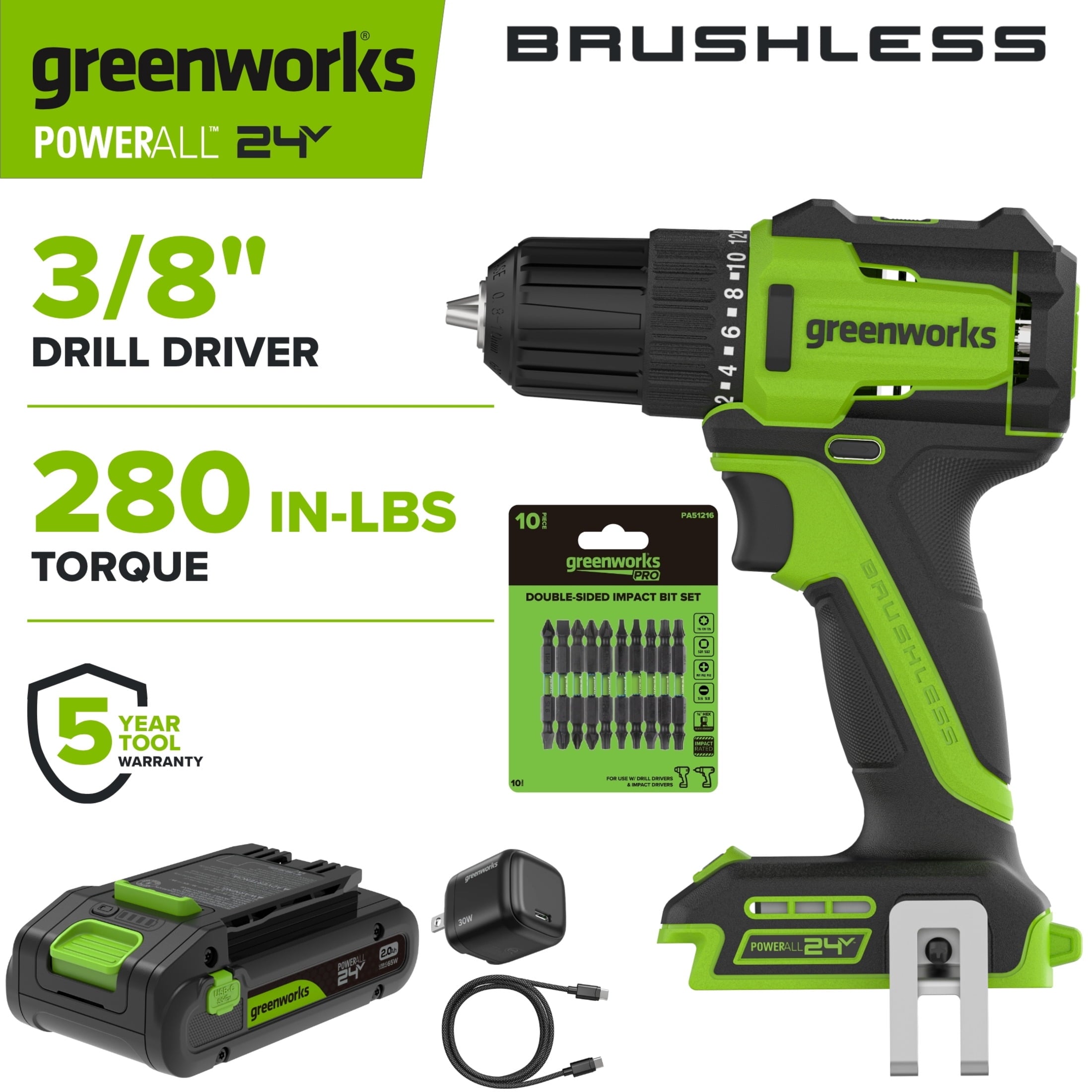 Greenworks PowerAll 24V Brushless 3/8 280 in-lb Drill, with 2Ah USB-C Battery, DD330A7