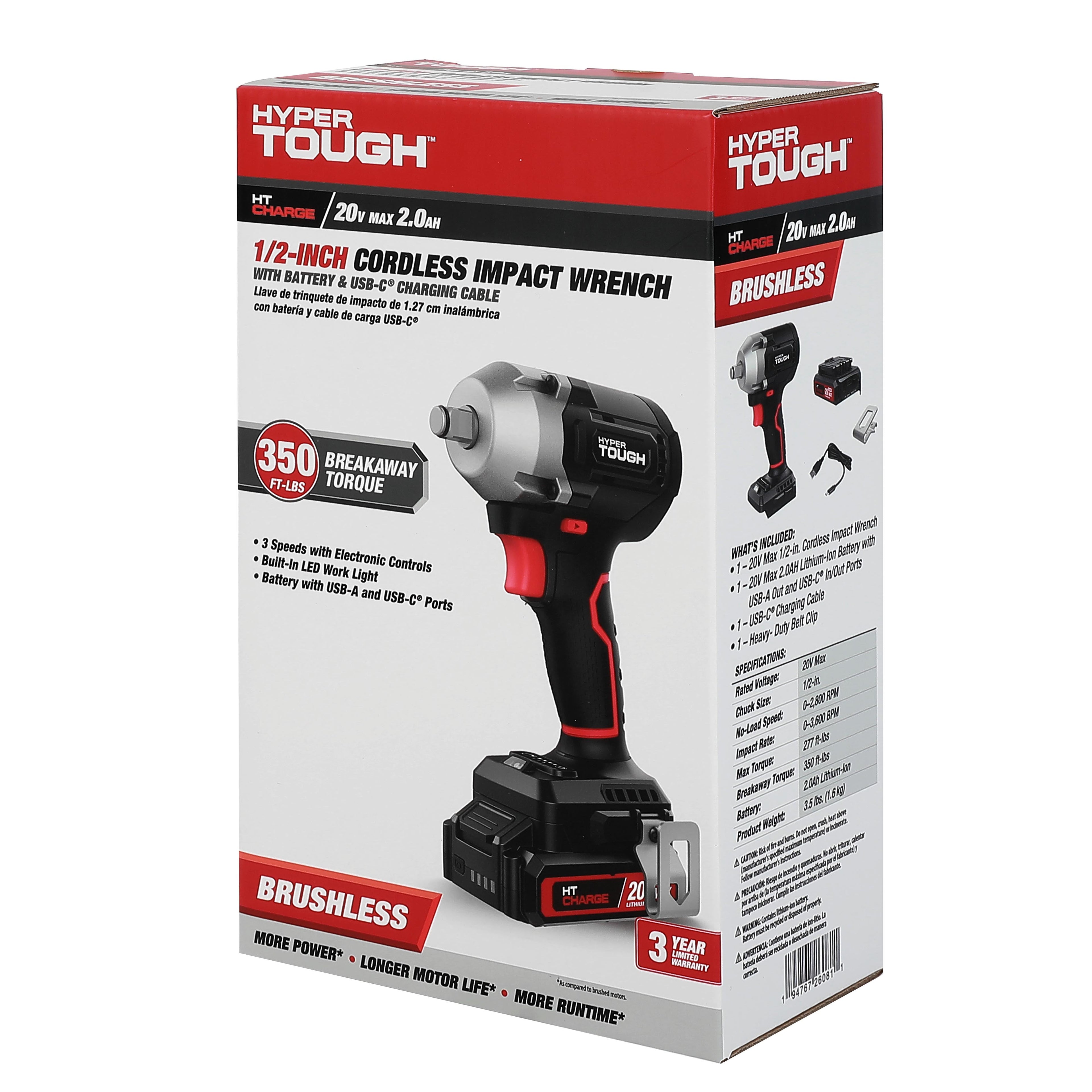 Open Box Hyper Tough 20V Brushless 1/2-inch Impact Wrench, Battery & Charging Cable