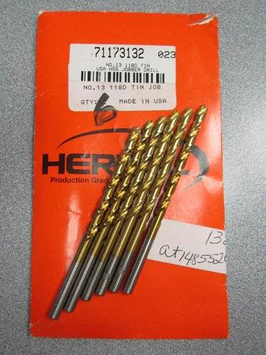 KLYNE - (6) #13 (.1850) Jobber Length Drill Bits 118Deg Angle Tin Hss