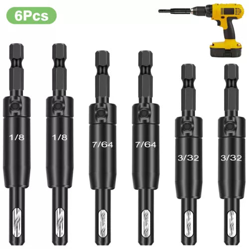 KLYNE - 6Pcs 1/8-3/32 Self Centering Hinge Drill Bit Pilot Hole Tool 1/4 Hex Shank