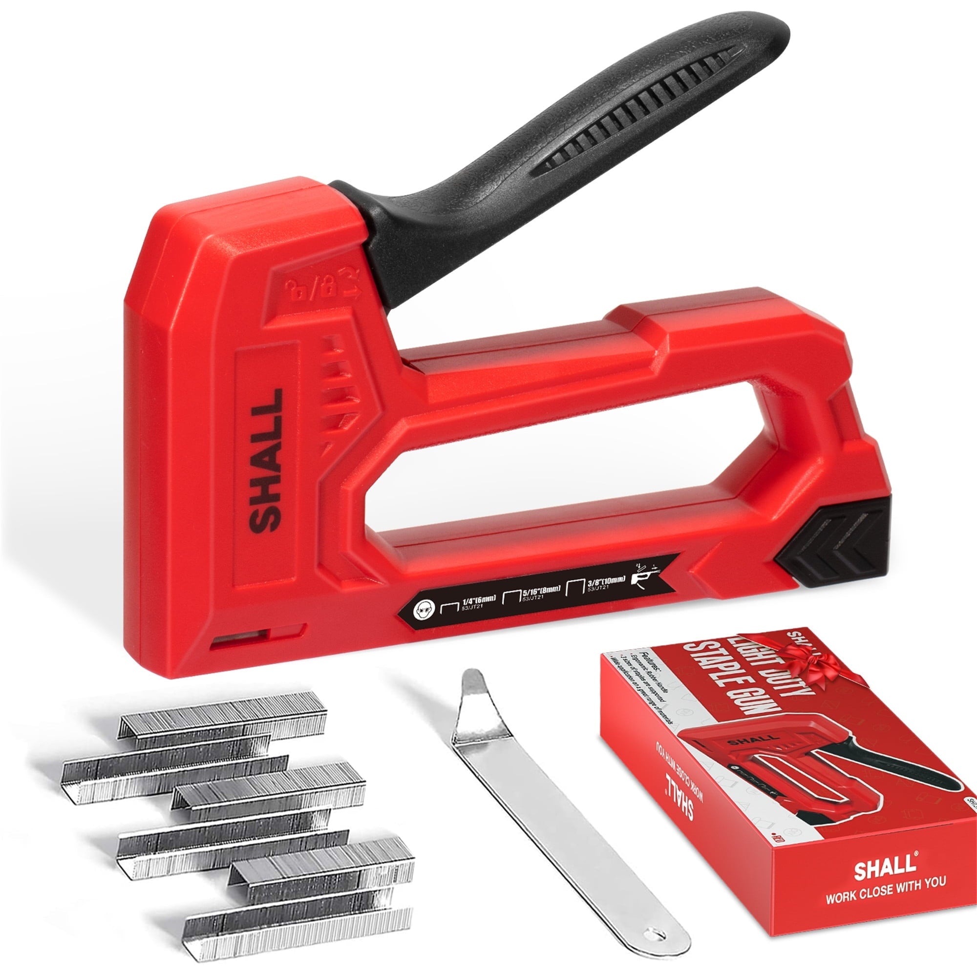 SHALL Light Duty Staple Gun for Wood - Red Upholstery Staple Gun with 1600pcs JT21 Staples 1/4, 5/16, 3/8 inch and Staple Remover - Fabric Stapler Gun for Crafts, DIY, Decoration