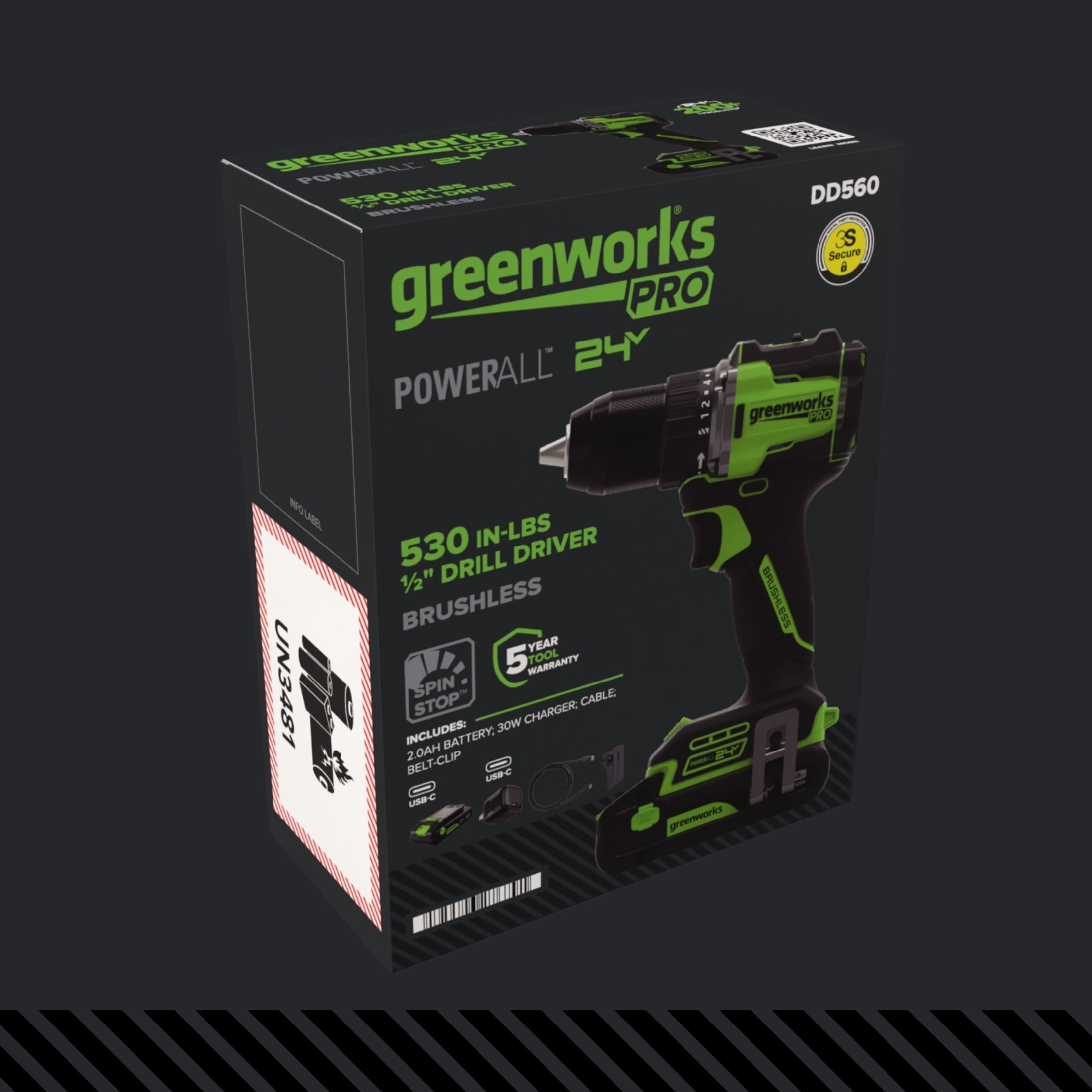 Greenworks Pro PowerAll 24V Brushless 1/2 530 in-lb Drill Driver, with 2.0 Ah USB-C Battery, 30W USB-C Charger Block, 3' 100W USB-C Cable, DD560A1