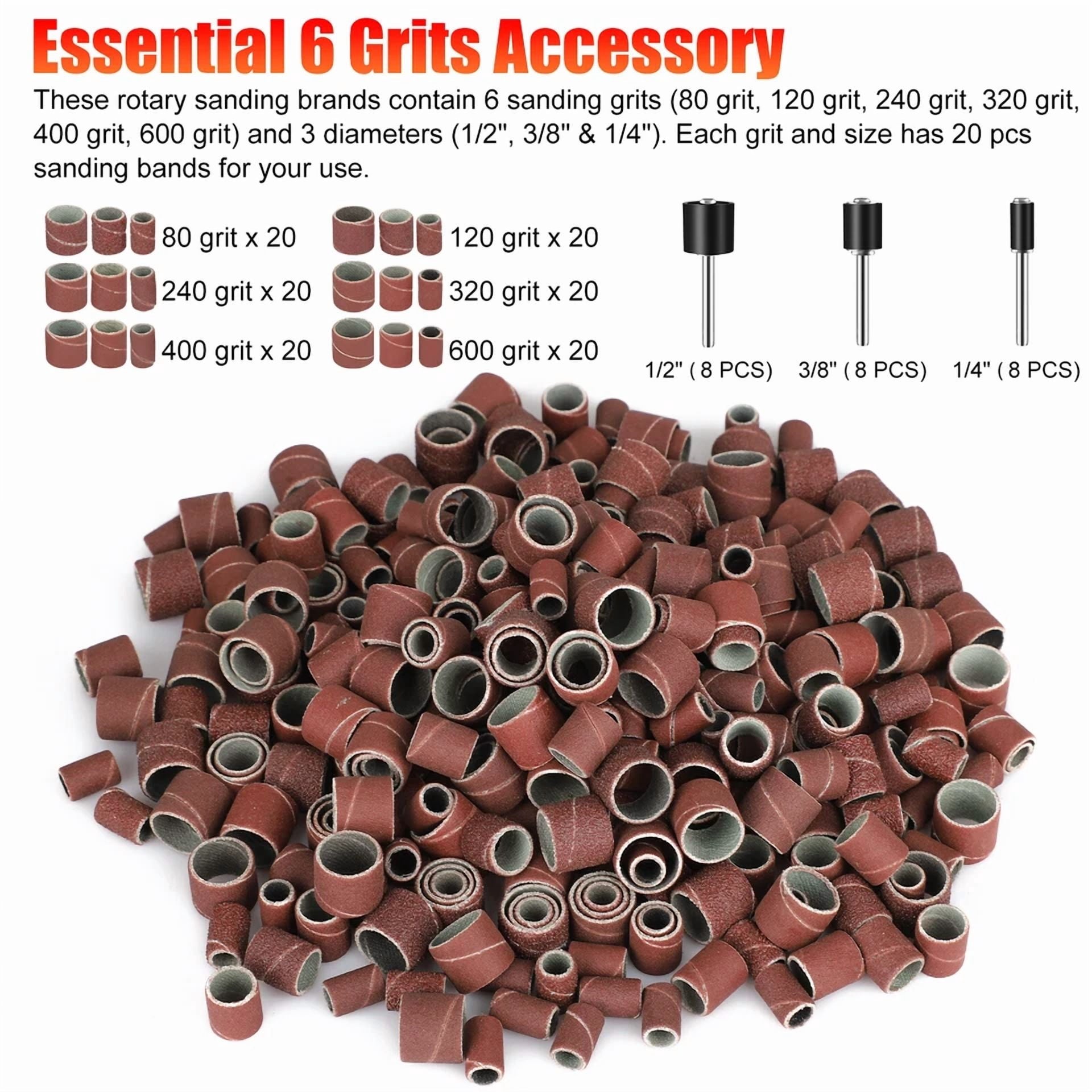 KNACK - 384Pcs Sanding Drum Nail Sander Drill Bit Kit For Dremel Accessories Rotary Tool