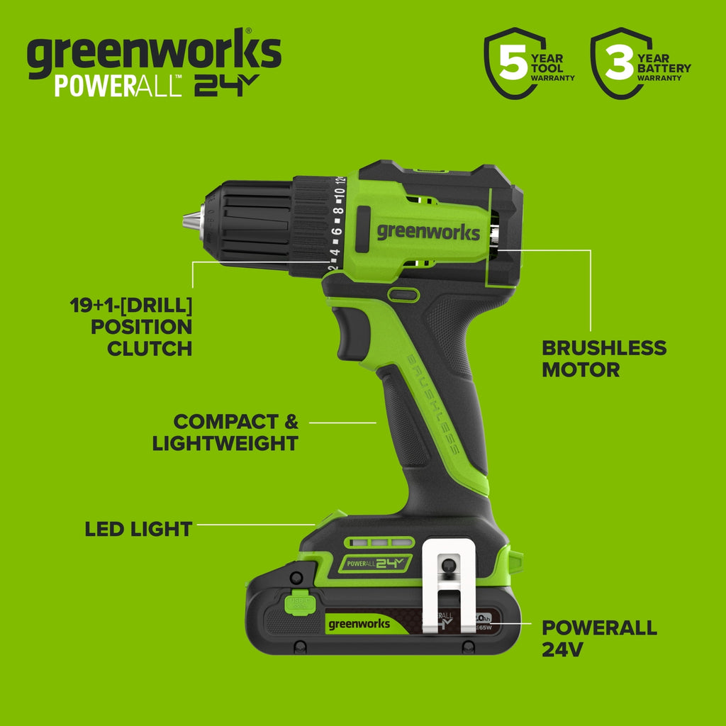 Greenworks PowerAll 24V Brushless 3/8 280 in-lb Drill, with 2Ah USB-C Battery, DD330A7