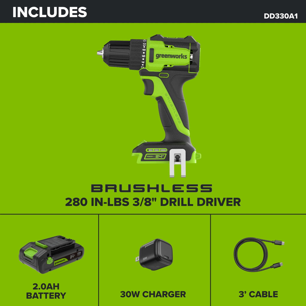 Greenworks PowerAll 24V Brushless 3/8 280 in-lb Drill with 2Ah USB-C Battery, 30W Charger and Cable, DD330A1