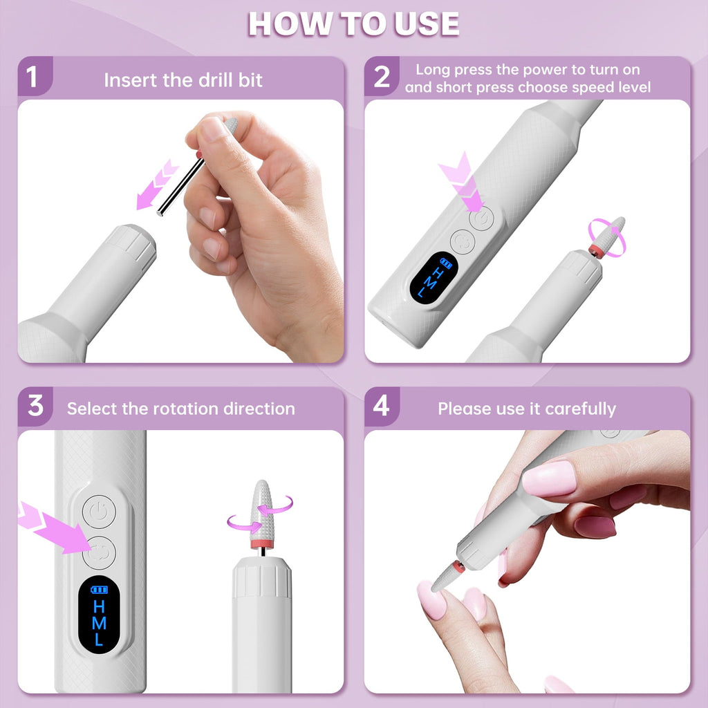 CshidWorld Electric Nail Drill, Cordless Nail File Kit, Portable Manicure Pedicure Tool with 12 Drill Bits & Wireless Charging Base for Acrylic Gel Nails Polishing Removal