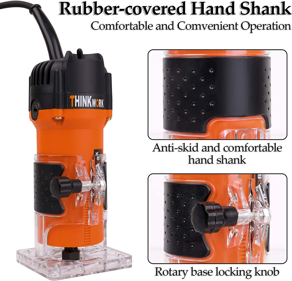 THINKWORK Compact Wood Router | 6.5-Amp 1.25HP Palm Router with 15-Piece 1/4 Router Bits Set & Accessories | 30000 RPM for Wood Trimming, DIY & Professional Projects