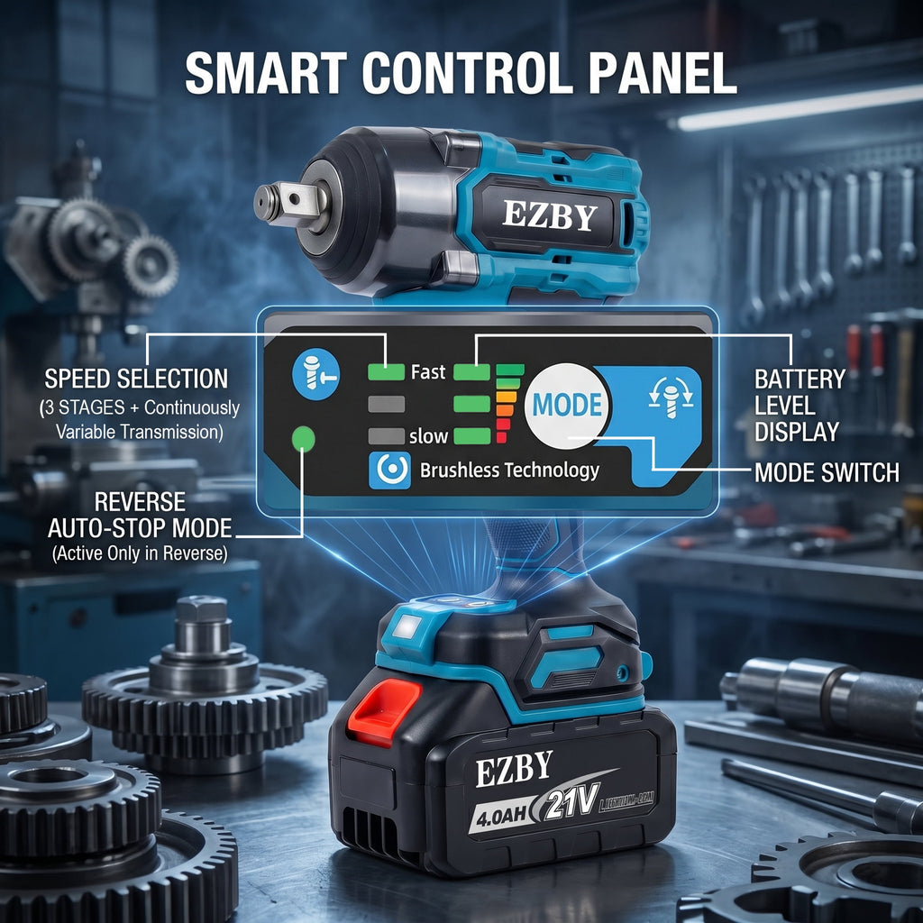 EZBY Cordless Impact Wrench Kit, 664 FT-lbs(900N.m) Max Torque, 1/2 Heavy-Duty Brushless Motor, 21V Electric Impact Gun & Driver Tool Set with 2x 4.0Ah Batteries for Car Home Repair