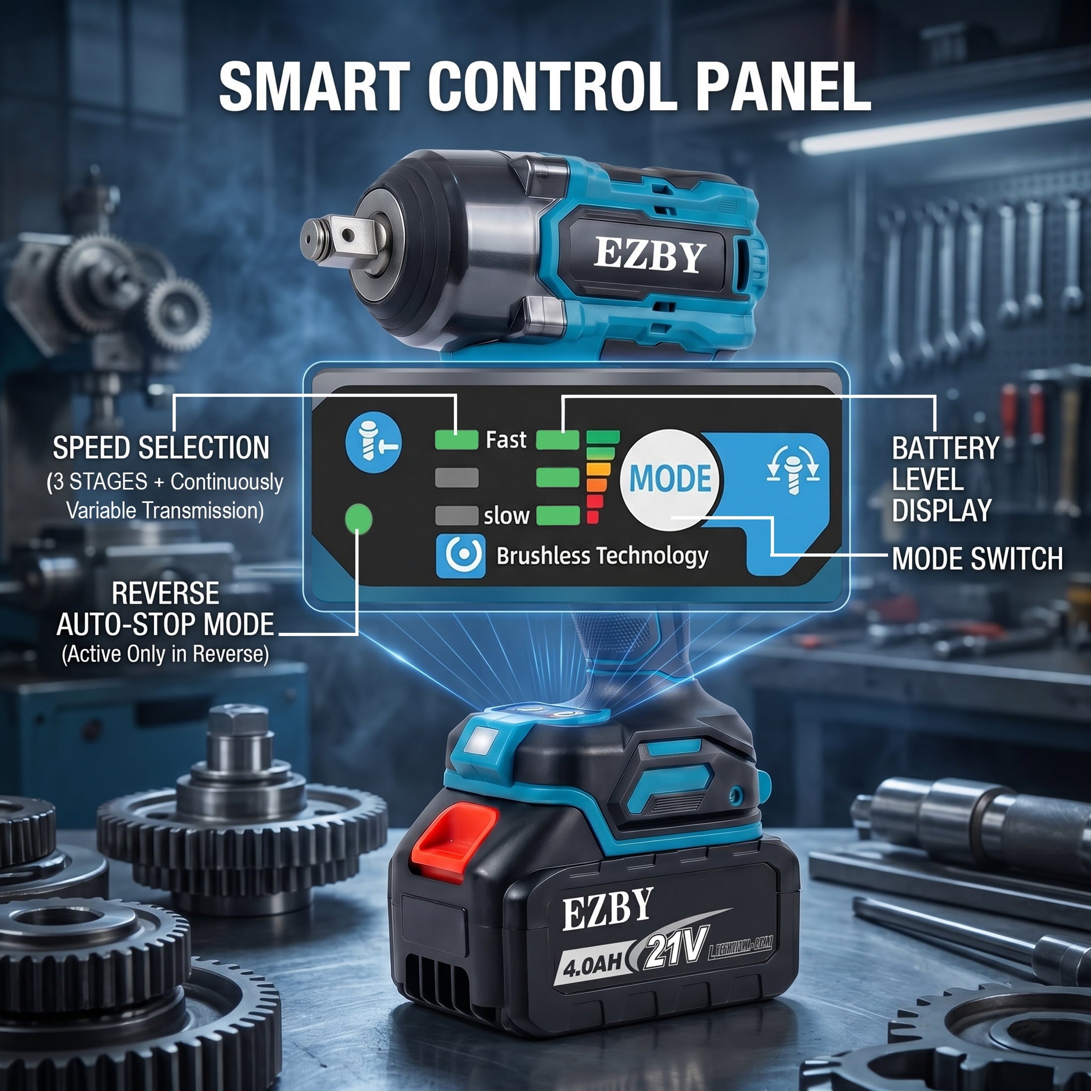 EZBY Cordless Impact Wrench Kit, 664 FT-lbs(900N.m) Max Torque, 1/2 Heavy-Duty Brushless Motor, 21V Electric Impact Gun & Driver Tool Set with 2x 4.0Ah Batteries for Car Home Repair