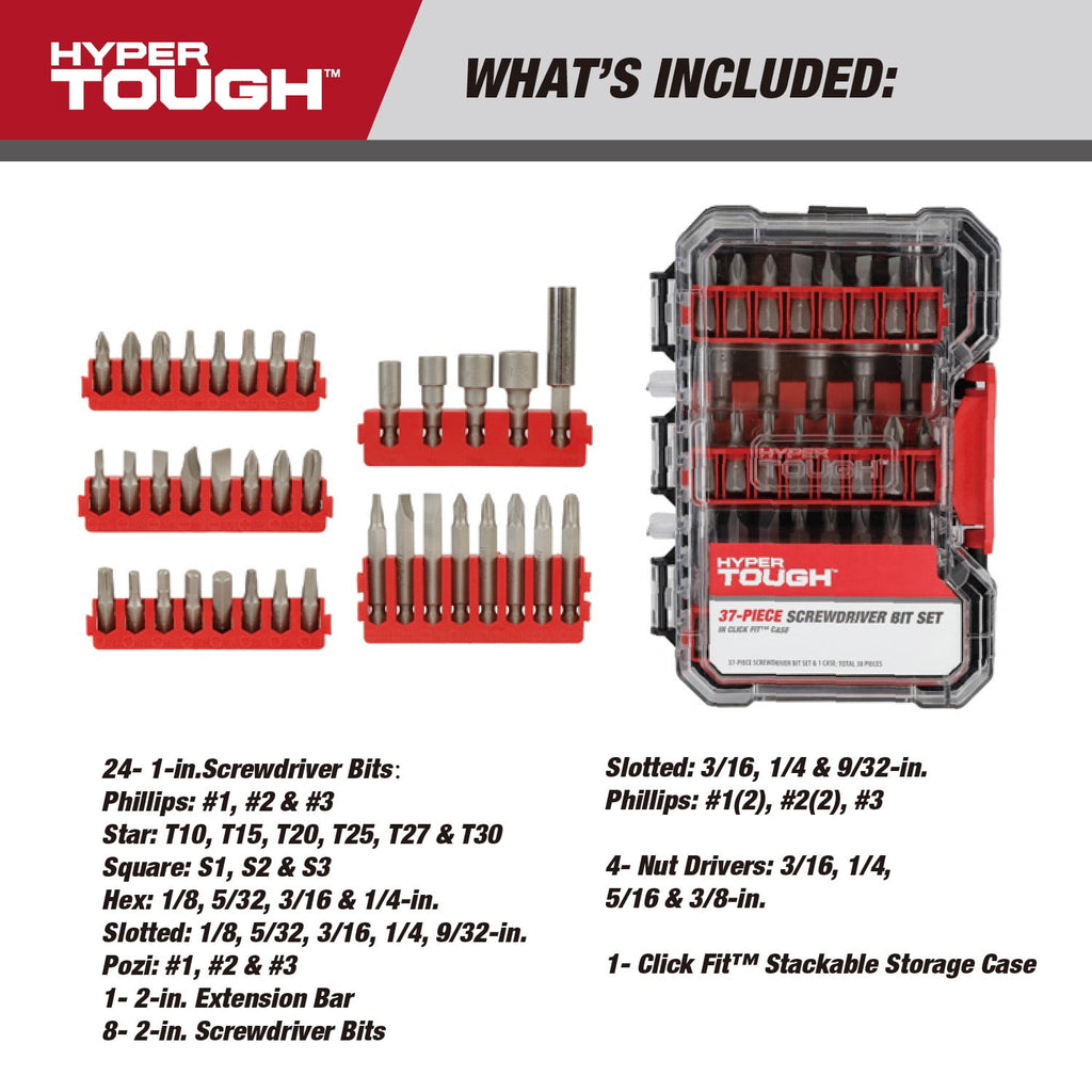 Hyper Tough 37-Piece Screwdriver Bit Set in Click Fit Case