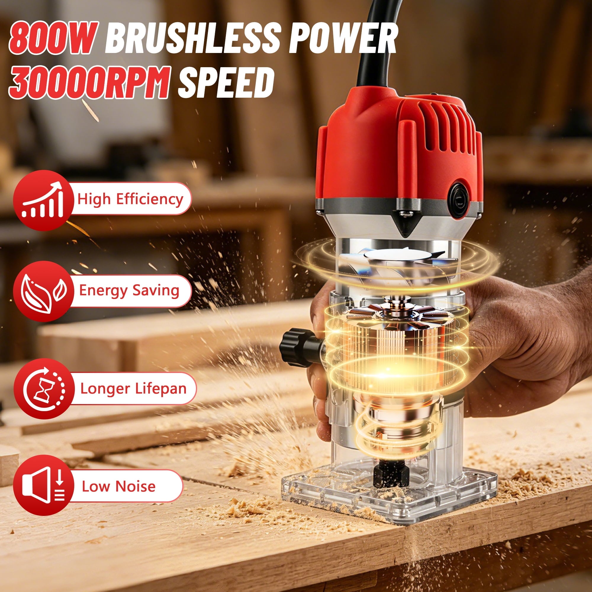 Gewna 800W Compact Wood Router with 1/4 Collet,30000 Rpm , Includes 15 Pcs Bits ,for Trimming, Grooving and Woodworking,Red