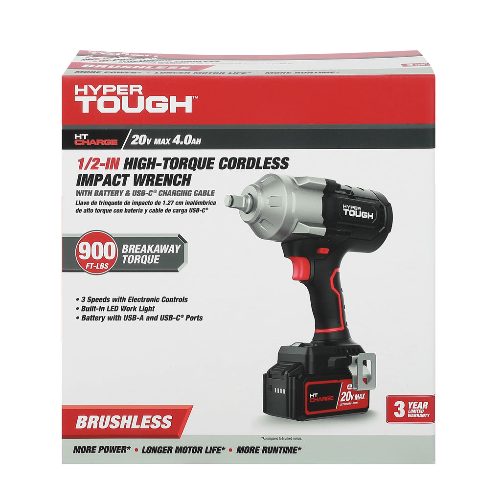 Hyper Tough 20V Brushless Cordless 1/2-in 900 Impact Wrench with Battery & Charger