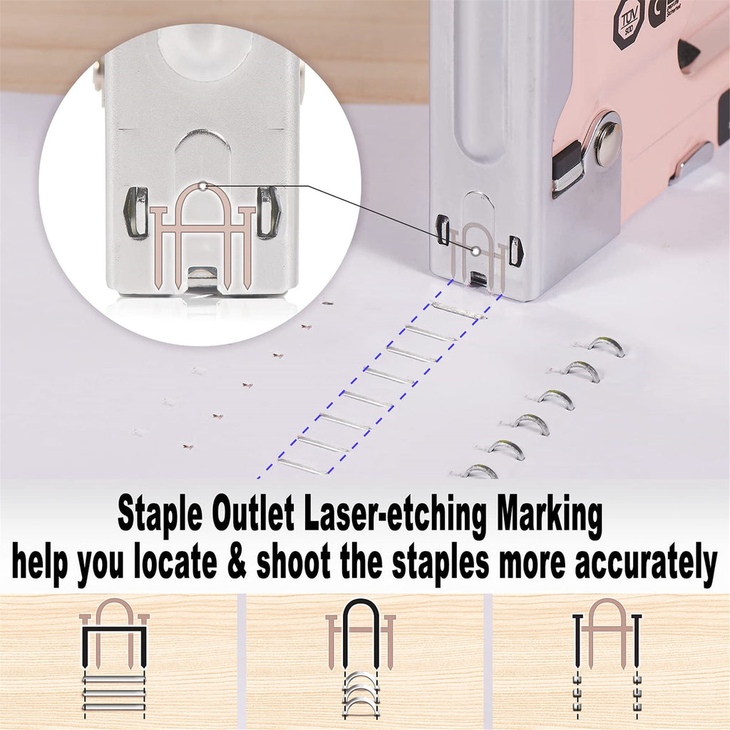 SHALL Staple Gun Heavy Duty, 3-in-1 Upholstery Staple Gun Kit with 3000 Staples, Staple Remover, Manual Brad Nailer with Specific Staples Outlet Position Indicator Pink