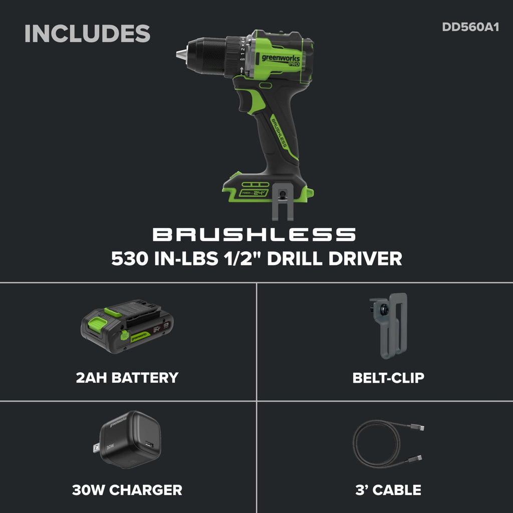 Greenworks Pro PowerAll 24V Brushless 1/2 530 in-lb Drill Driver, with 2.0 Ah USB-C Battery, 30W USB-C Charger Block, 3' 100W USB-C Cable, DD560A1