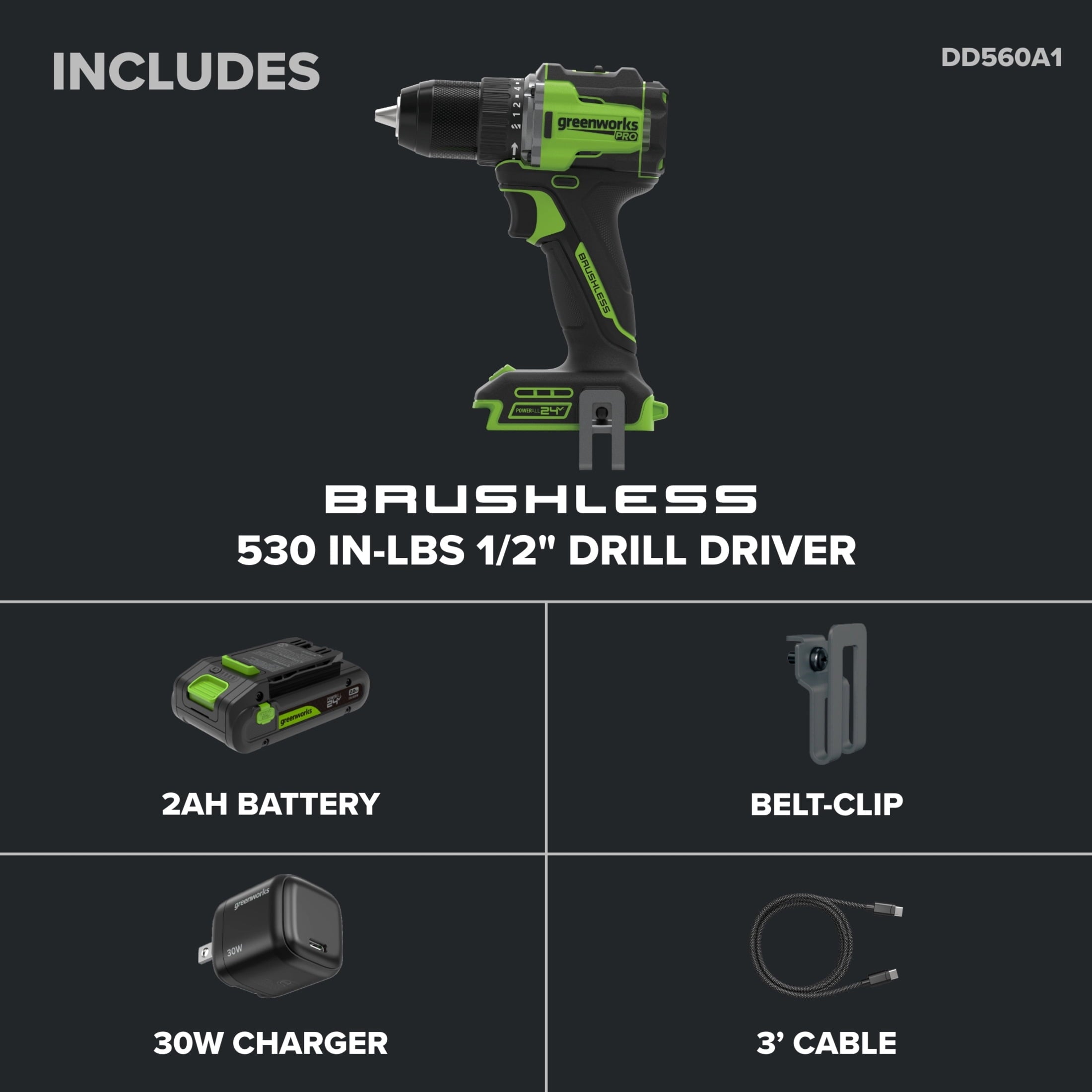 Greenworks Pro PowerAll 24V Brushless 1/2 530 in-lb Drill Driver, with 2.0 Ah USB-C Battery, 30W USB-C Charger Block, 3' 100W USB-C Cable, DD560A1